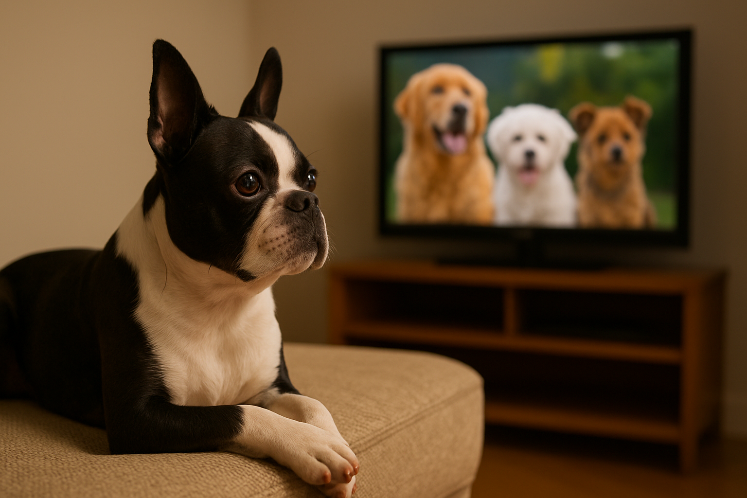 Dog sitting on a couch watching television displaying images of other dogs