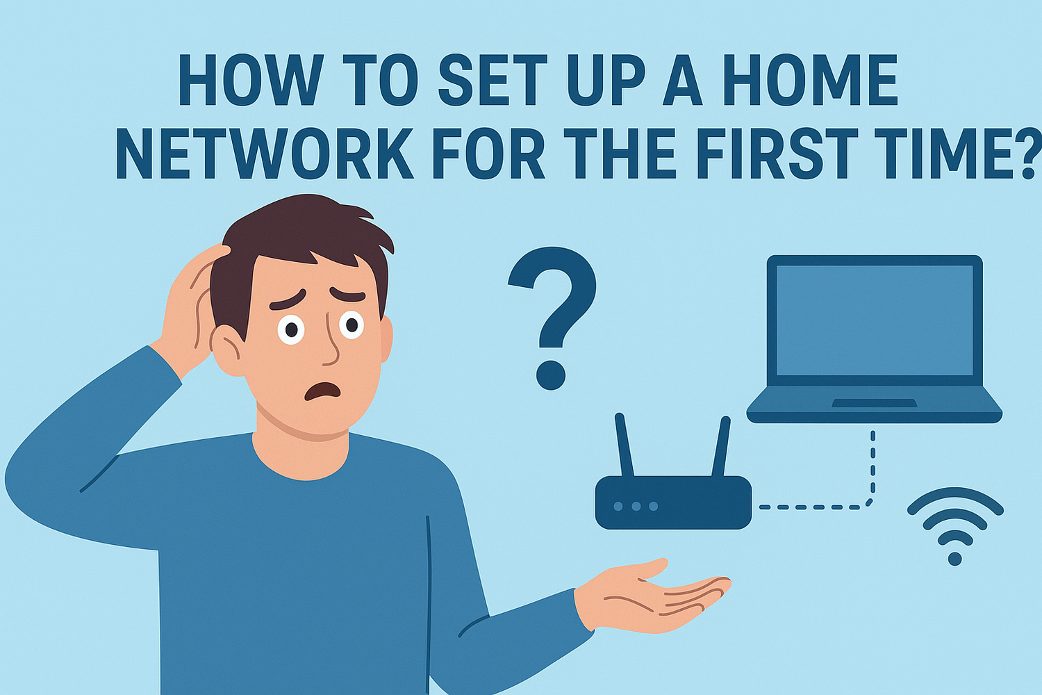 llustration of a person with a confused expression, a router, and a laptop with text on setting up a home network.