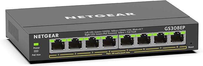 NETGEAR GS308EP 8-Port PoE+ Gigabit Ethernet Smart Managed Switch – 62W, Desktop or Wall Mount