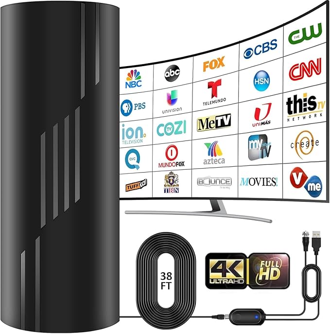 Indoor/Outdoor TV Antenna with Amplifier – 2800+ Mile Range, 8K/4K/1080p Support, 38ft Coax Cable