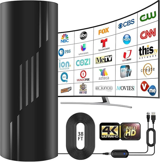 Indoor/Outdoor TV Antenna with Amplifier – 2800+ Mile Range, 8K/4K/1080p Support, 38ft Coax Cable